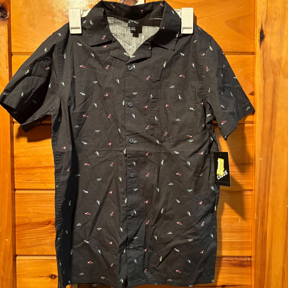 Art Class Boys XL 14 Black Sneaker Print Short Sleeve Button Down Shirt NEW
